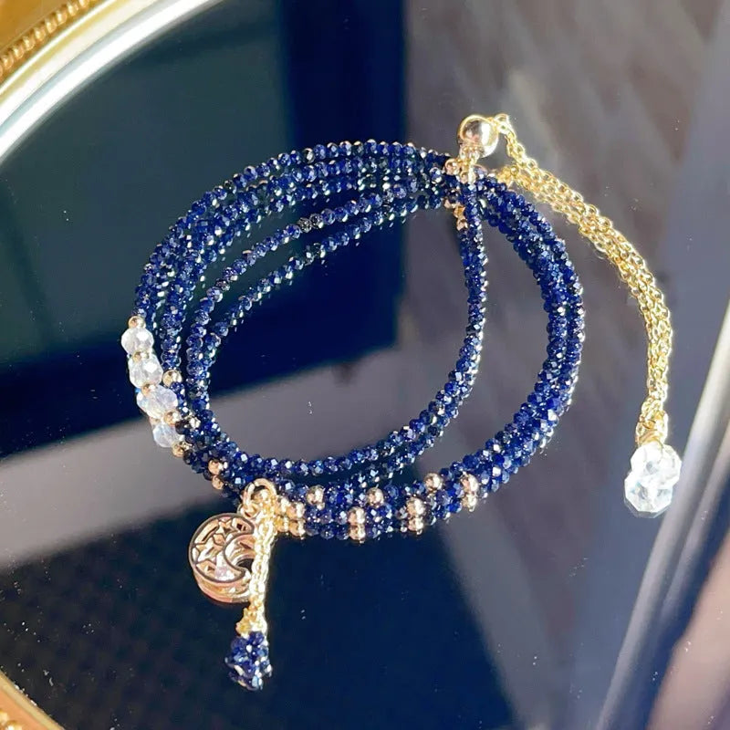 Blue sand stone three-ring multi-layer bracelet for women with gold tone components