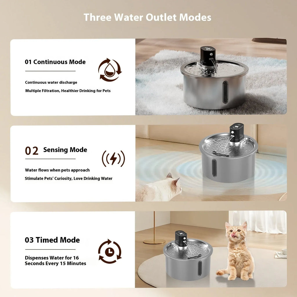 White stainless steel pet water fountain with temperature control base for cats and dogs