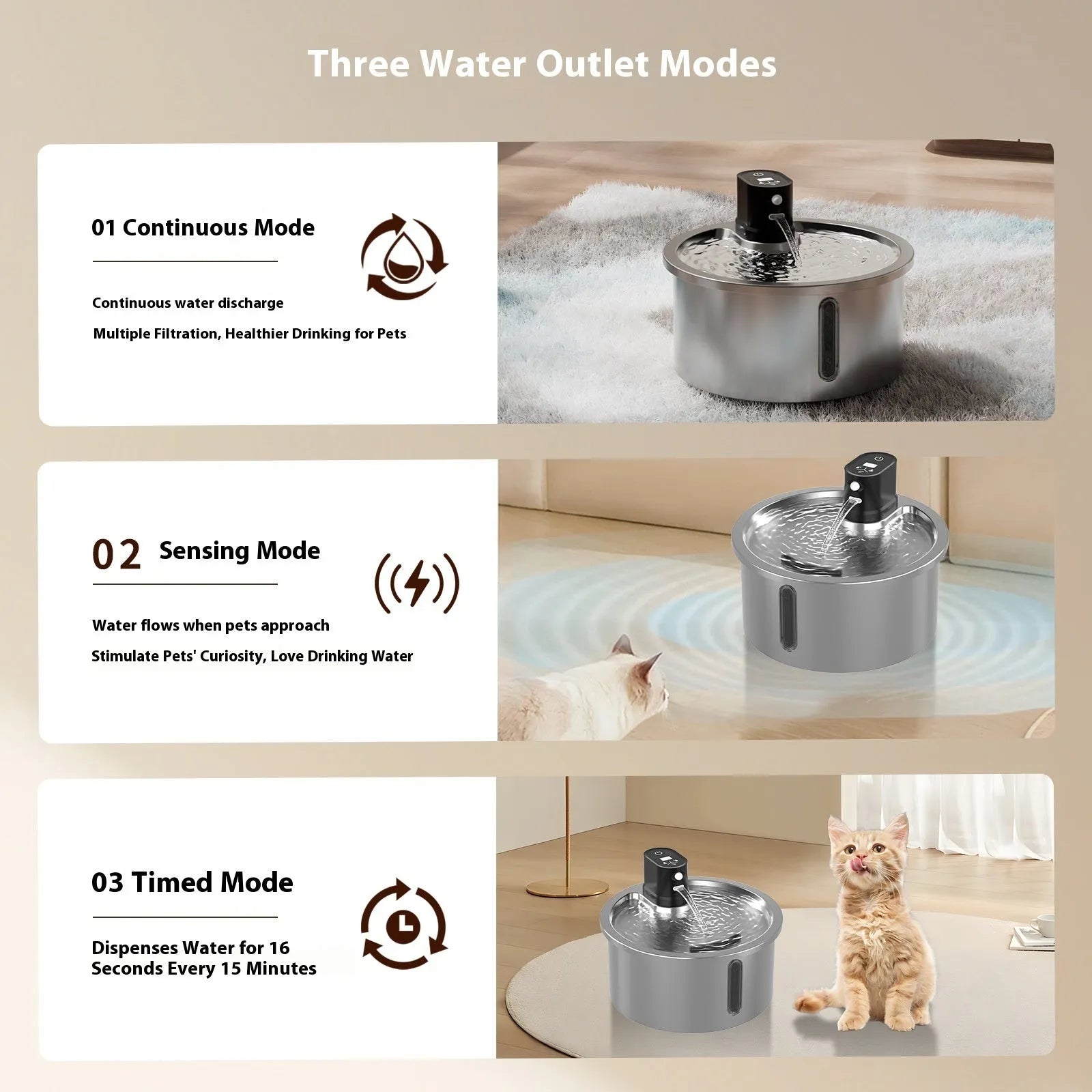 White stainless steel pet water fountain with temperature control base for cats and dogs