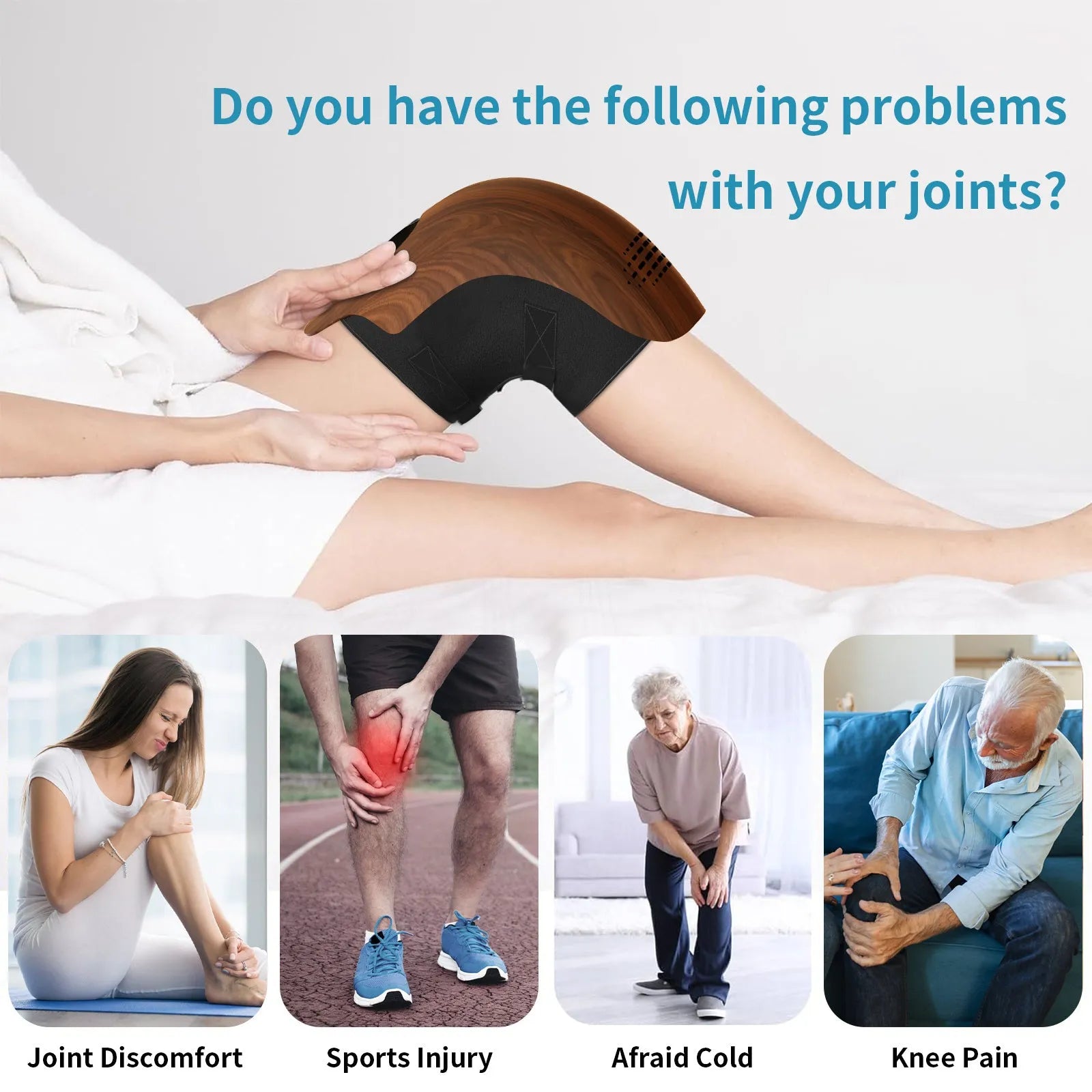 Rechargeable knee massager with intelligent kneading heating and infrared laser vibration in white or wood colour
