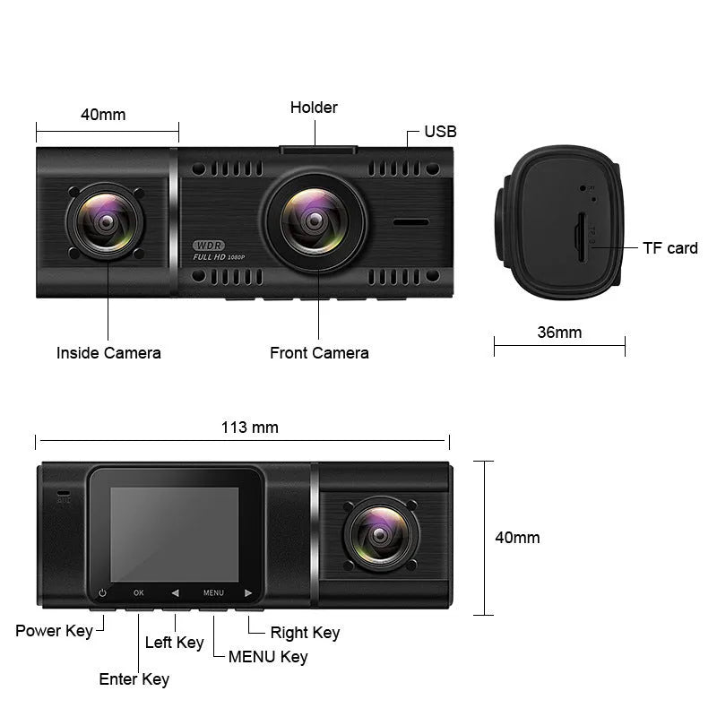 Black dual-channel car dash camera with 1.5-inch screen for front and rear recording.