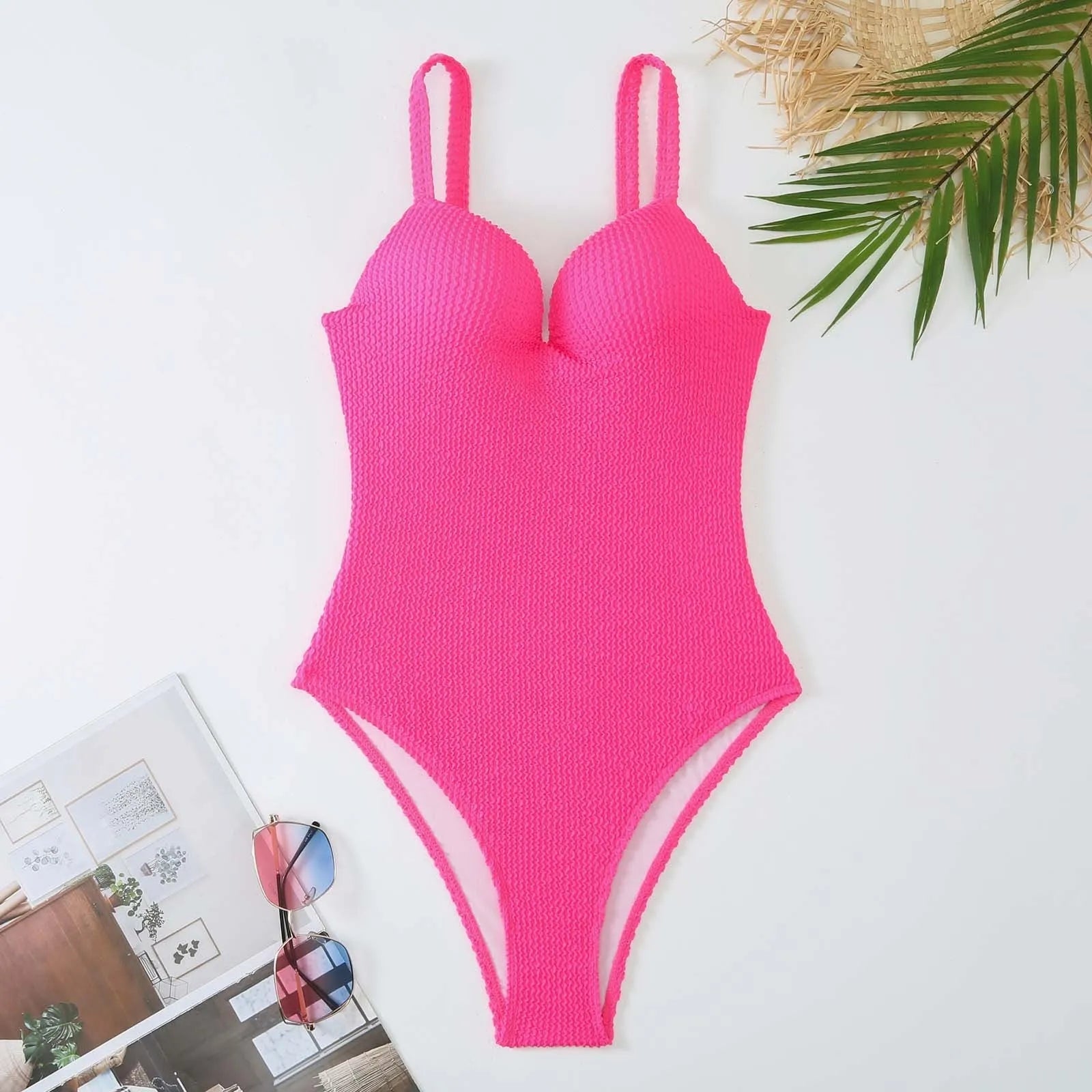 Women's sleeveless one-piece swimsuit with sunk stripe pattern in polyester fabric