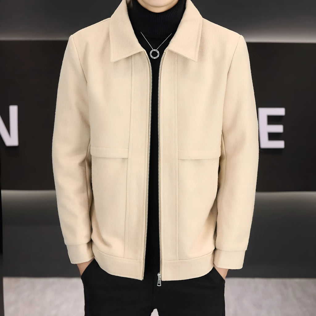 Casual polo collar jacket in cotton blend fabric with side seam pockets in khaki colour