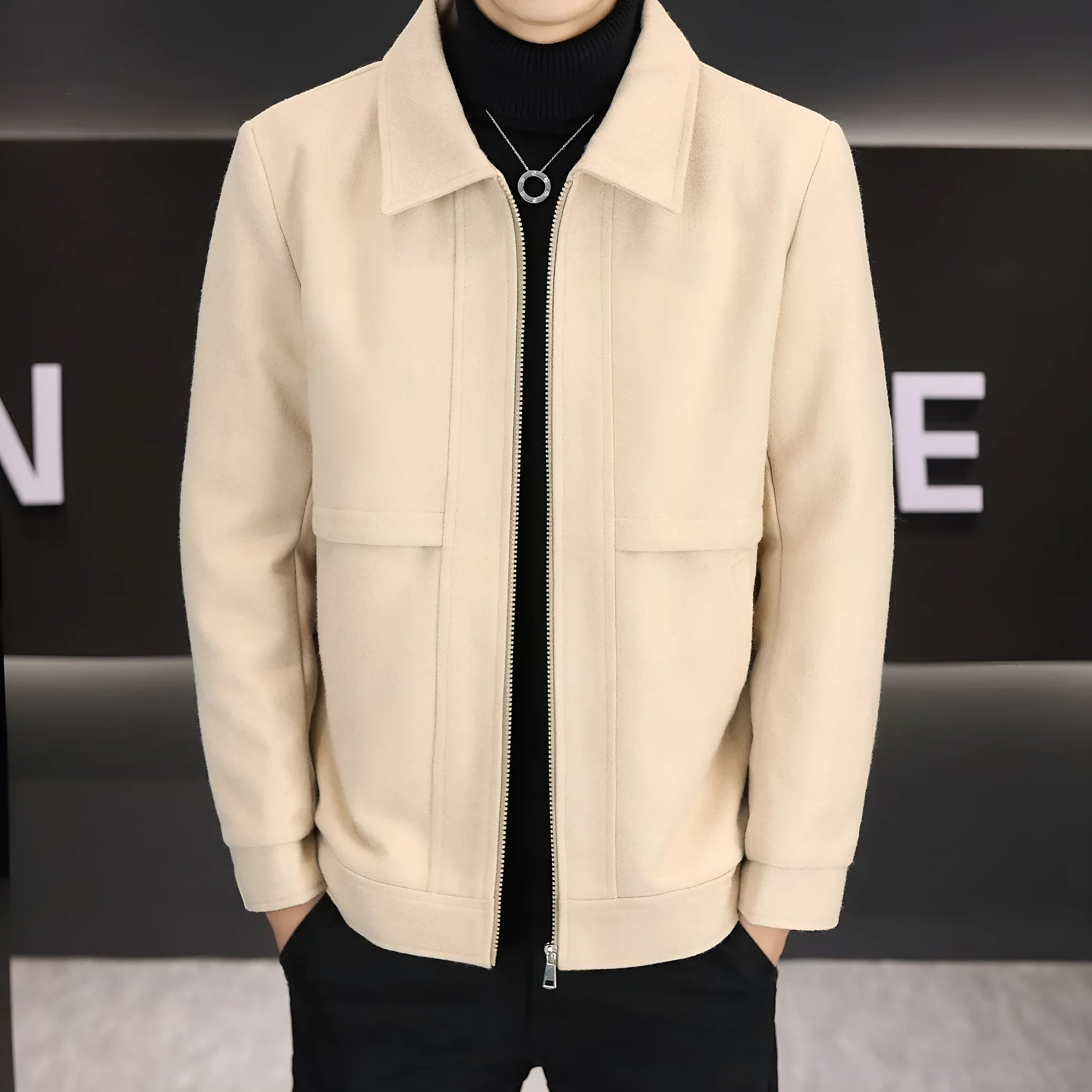 Casual polo collar jacket in cotton blend fabric with side seam pockets in khaki colour