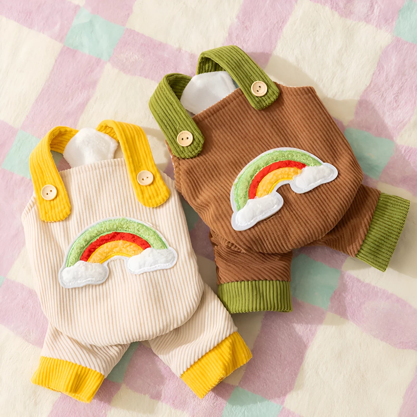 Small dog wearing rainbow corduroy jumpsuit in Beige with flannel lining, autumn winter pet overalls