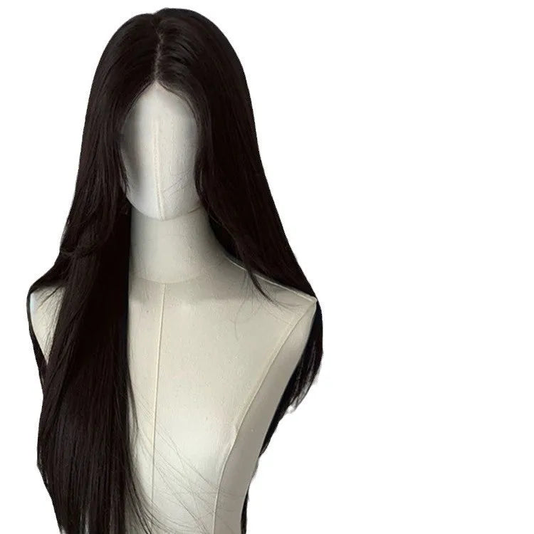 Forehead lace black long straight full-head wig with side bangs in high temperature fibre material
