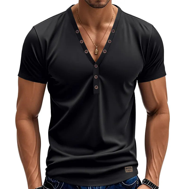 Men's loose fit V-neck sports top with button detailing in chemical fibre blend fabric