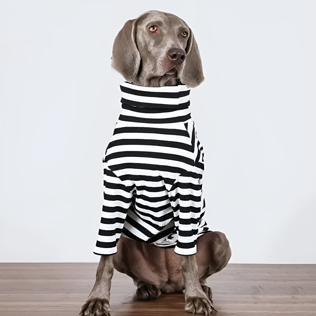 Thin black and white polyester dog clothing for large breeds showing size options