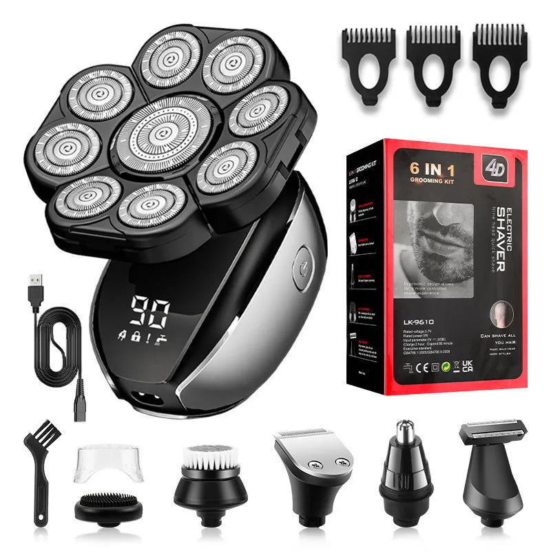 Black 6-in-1 rechargeable hair clippers shaver kit with multiple grooming attachments including shaving head and trimmer