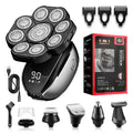 Black 6-in-1 rechargeable hair clippers shaver kit with multiple grooming attachments including shaving head and trimmer