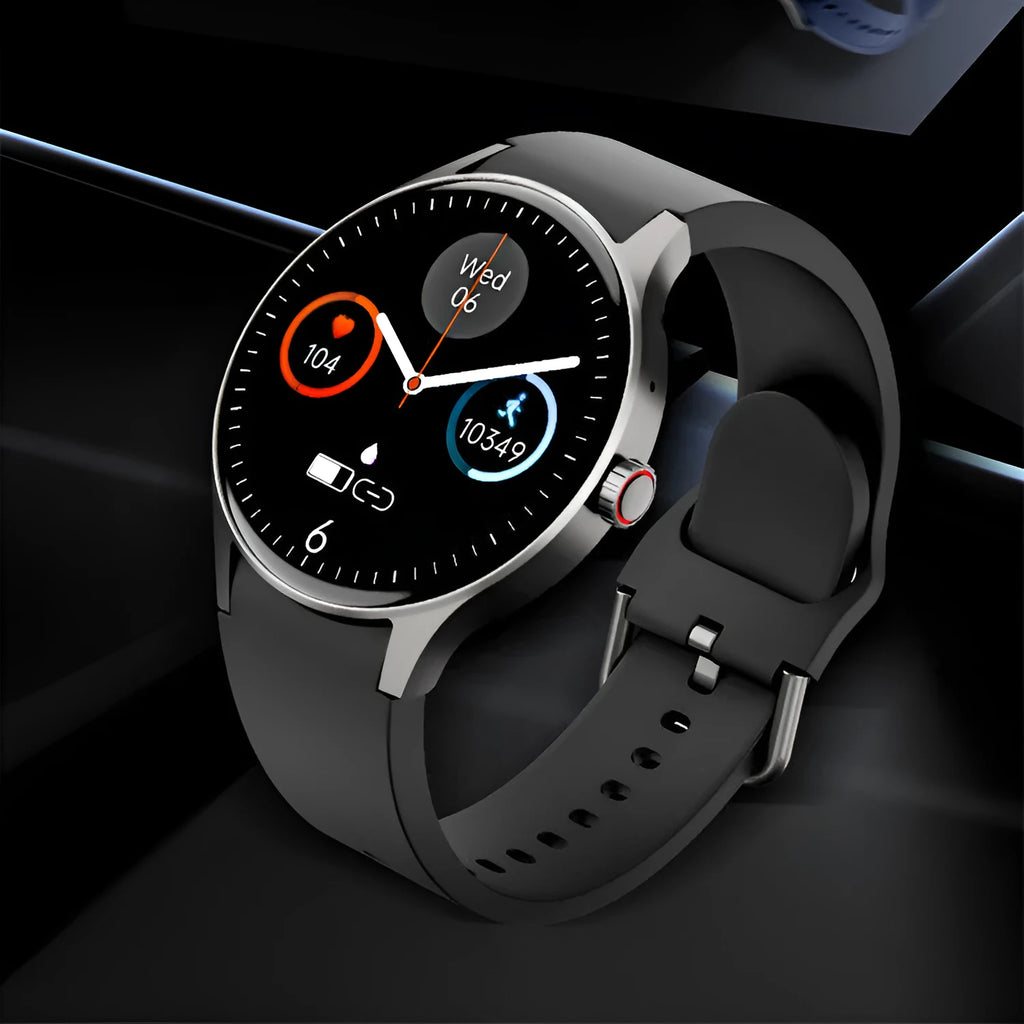Men's and women's black Bluetooth sport watch with 1.43-inch round screen on wrist, showing display.