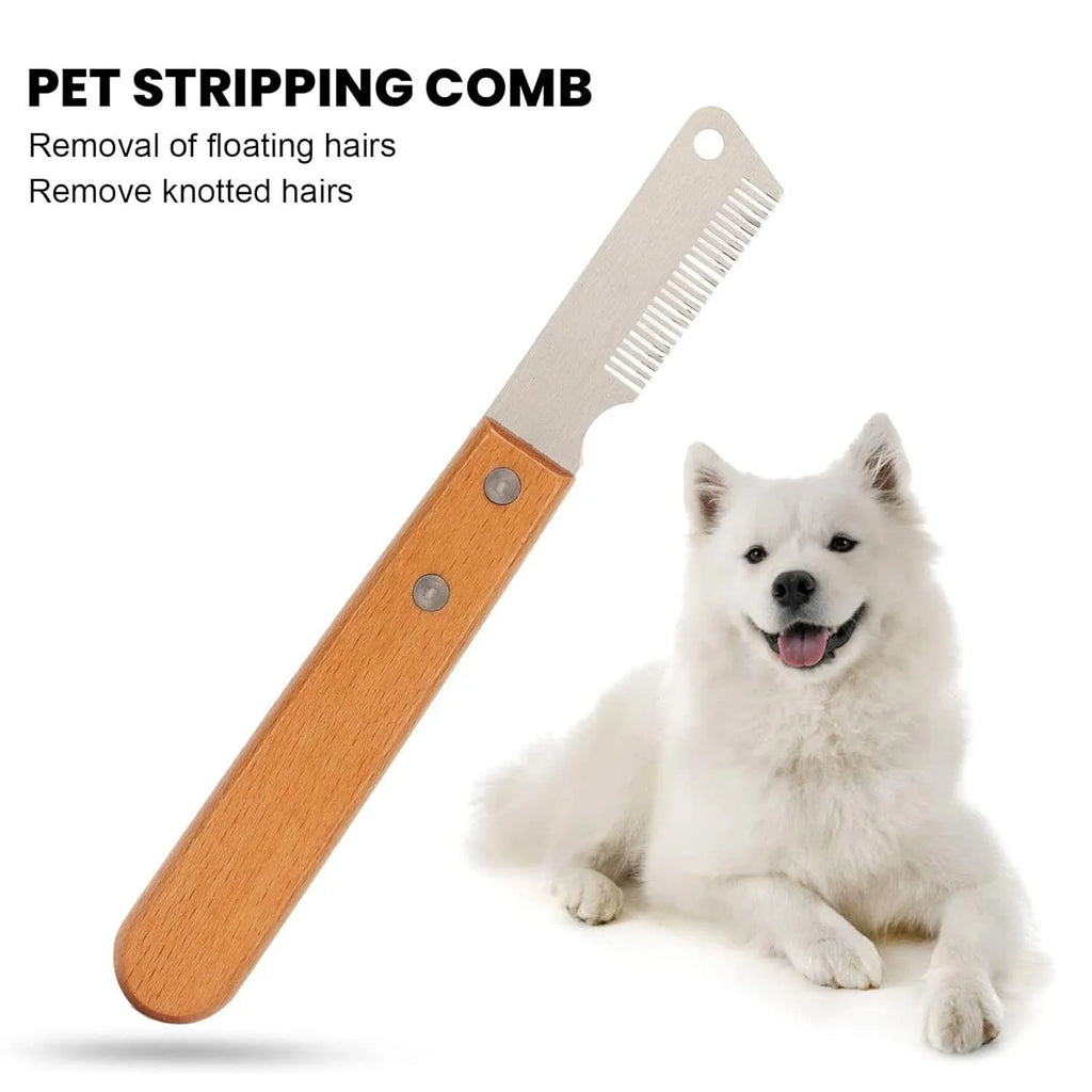 Pet stripping comb with wood handle showing long and short size options for dog and cat grooming