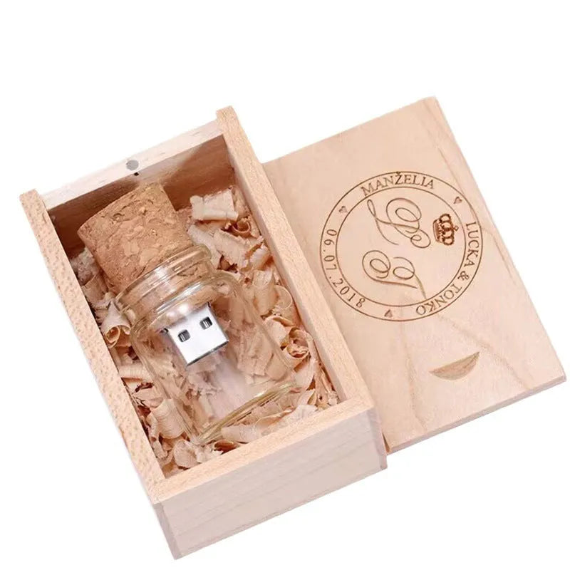 Transparent bottle-shaped USB flash drive with bamboo wood stopper showing drift bottle design
