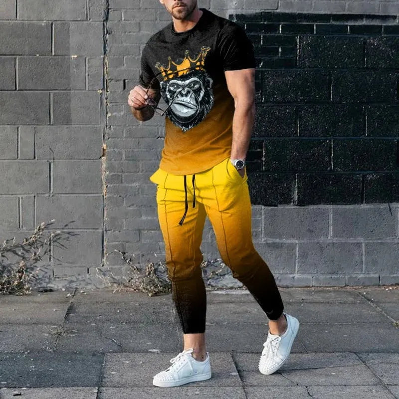 Men's short sleeve printed top and trouser sport suit set in polyester blend fabric.