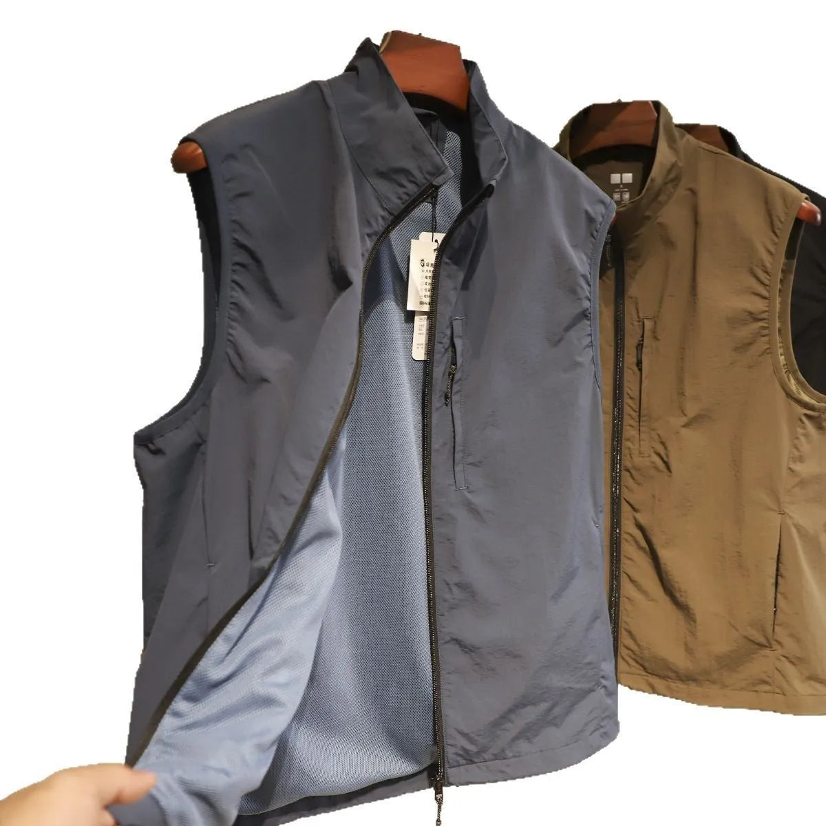 Men's straight-fit nylon vest cardigan with side seam pockets in army green colour