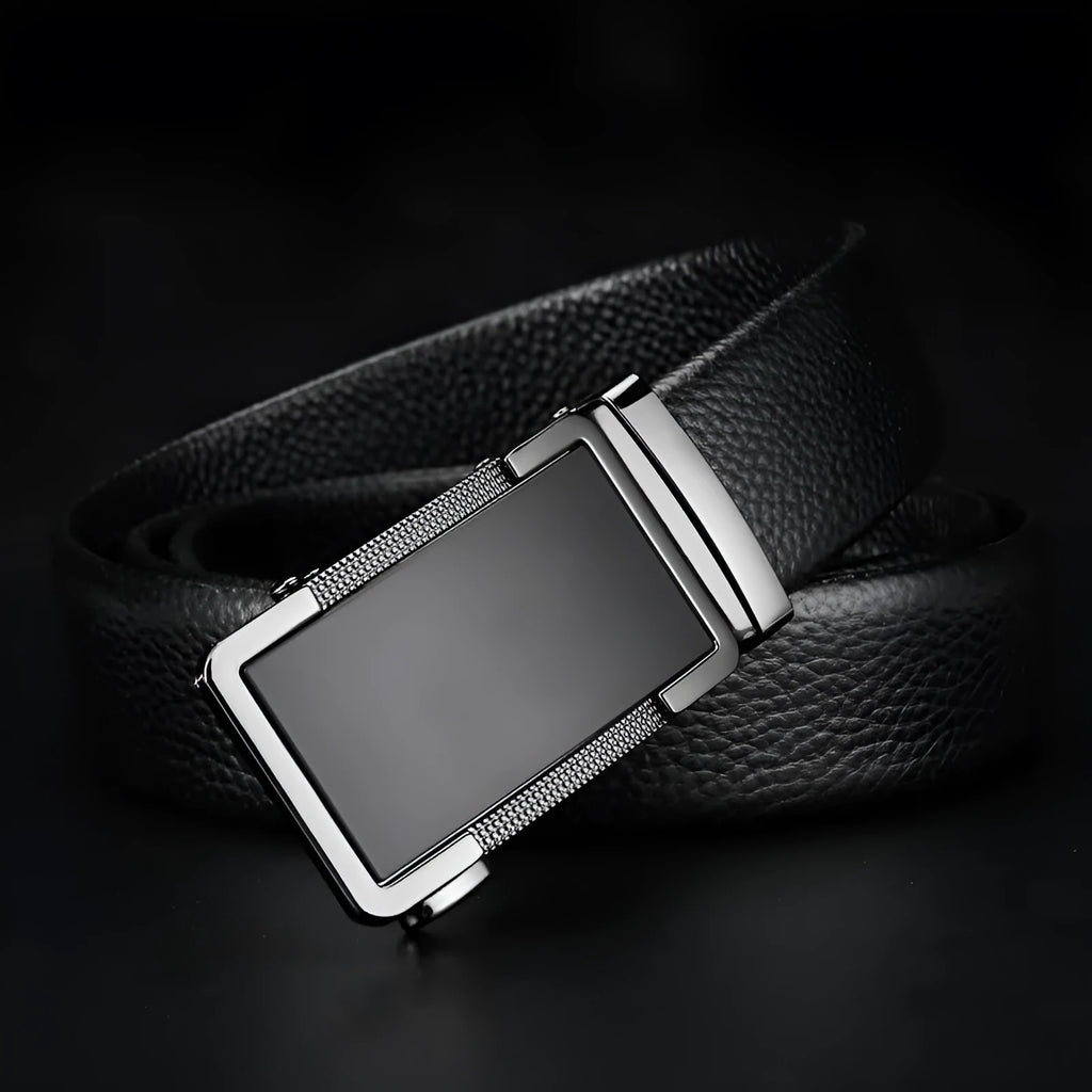 Men's gun black leather belt with a silver automatic click buckle, shown at a length of 120cm