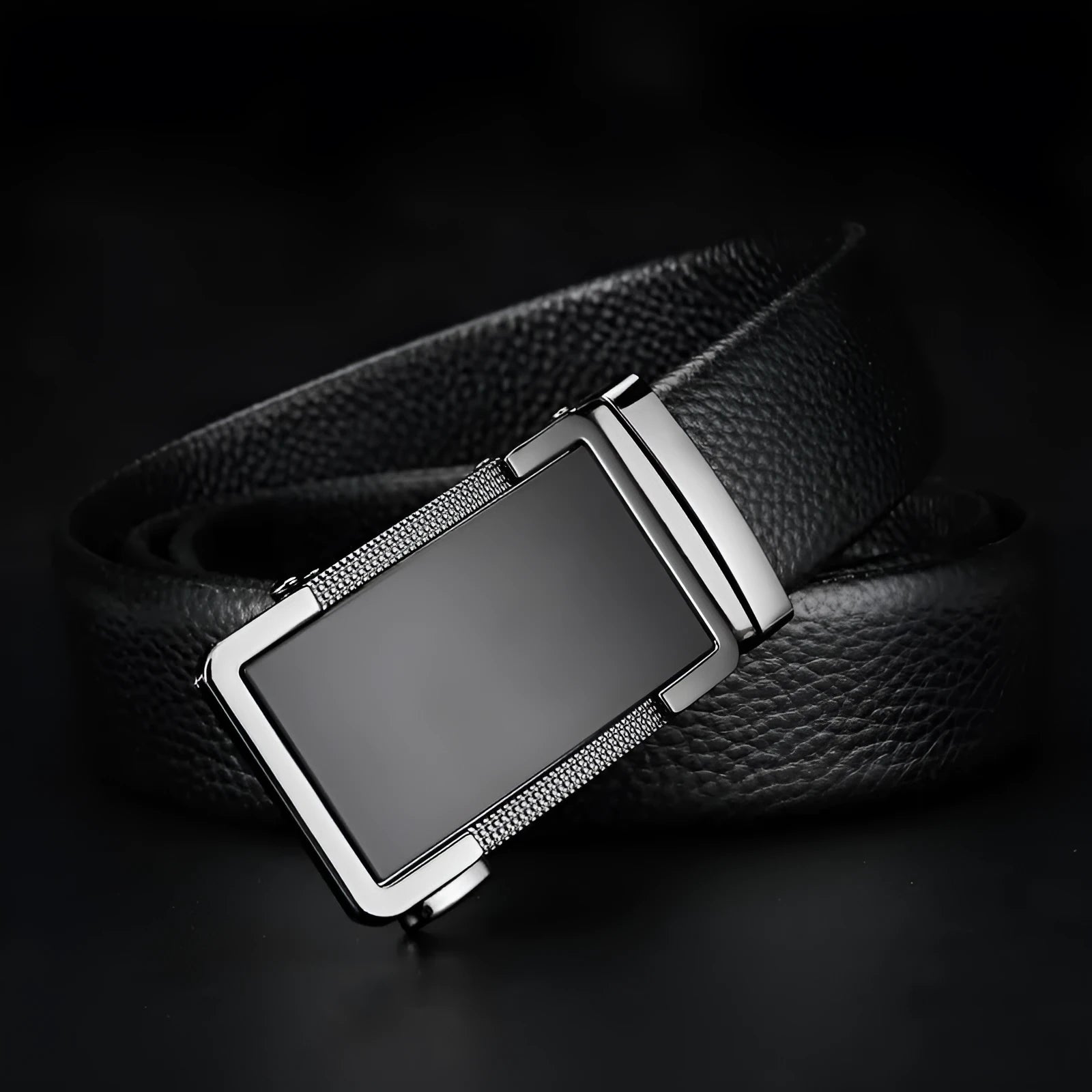 Men's gun black leather belt with a silver automatic click buckle, shown at a length of 120cm