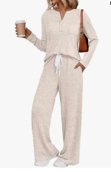 Women's striped knit long coat with V-neck, long sleeves, lace-up details and side pockets