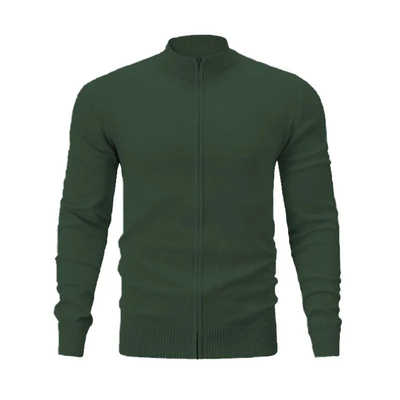 Man wearing a stand collar casual zip-up sweater in a solid colour, showing the full-length front zipper and loose fit.