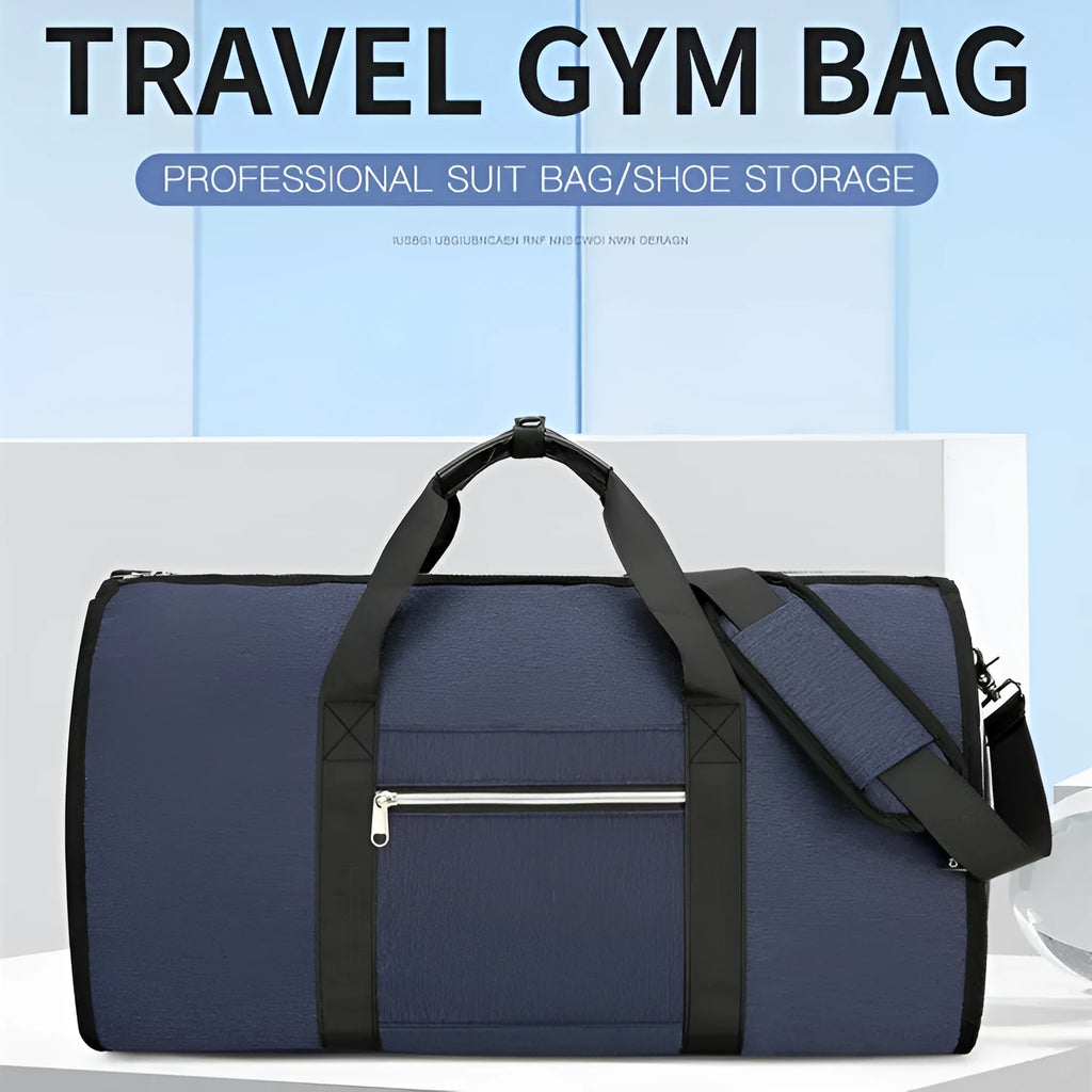 Grey Oxford cloth sports and business bag with expansion feature and dry wet separation compartments.