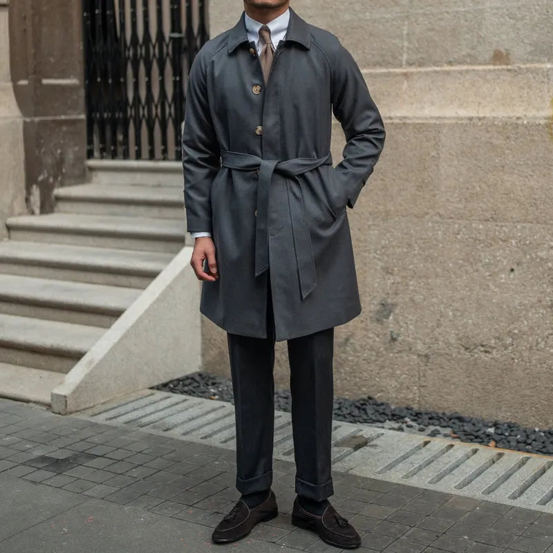 Wool winter trench coat single-breasted in dark blue with 30% wool polyester blend, leisure style