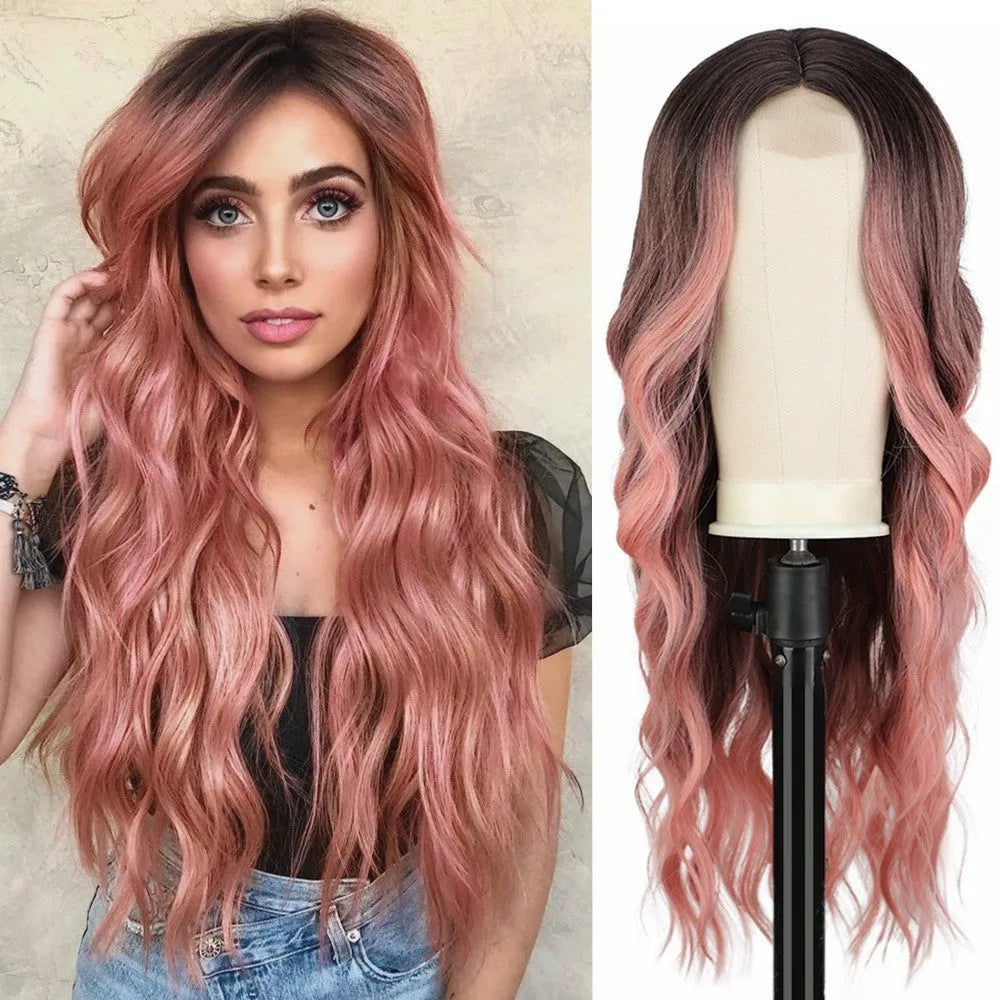 Front lace wig with medium large wavelength curly hair and long bangs for ladies in style shown