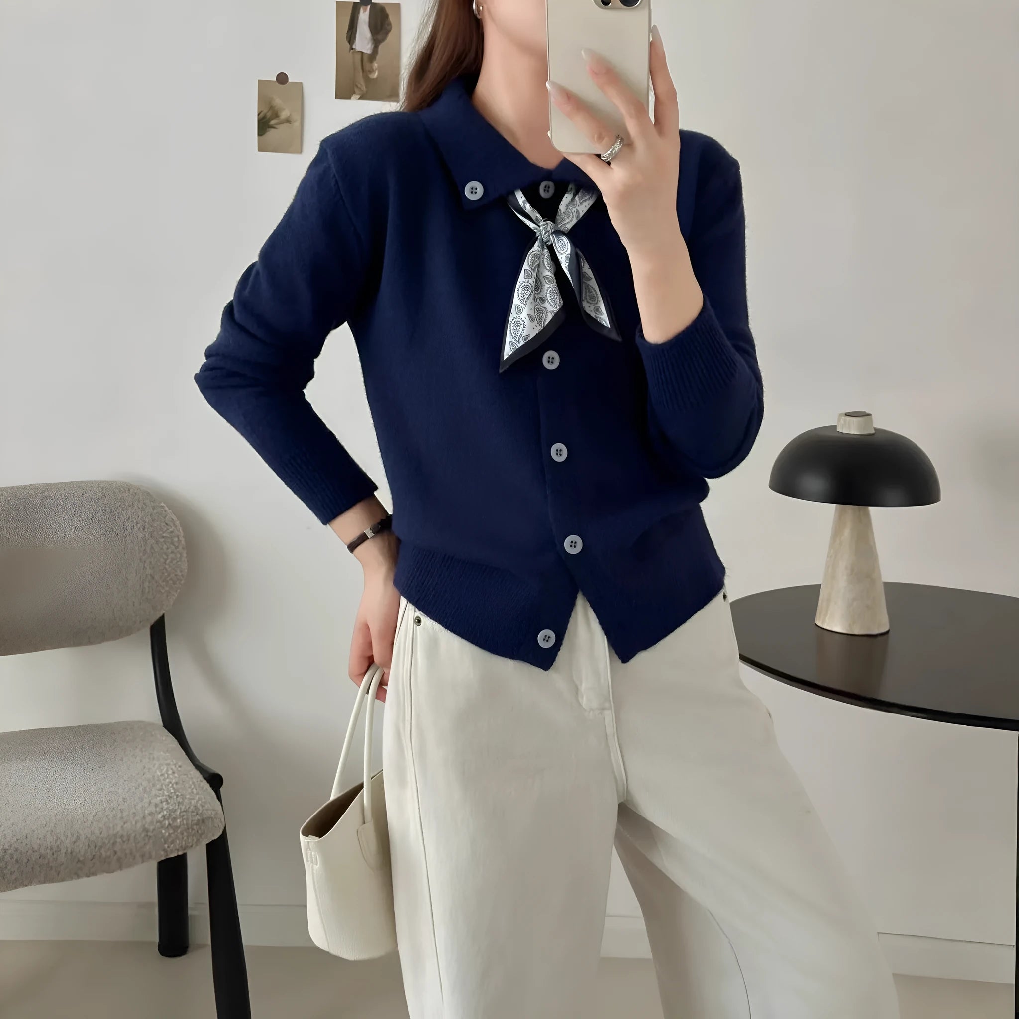 Lazy Fashion lapel and scarf detail cardigan sweater in acrylic fabric