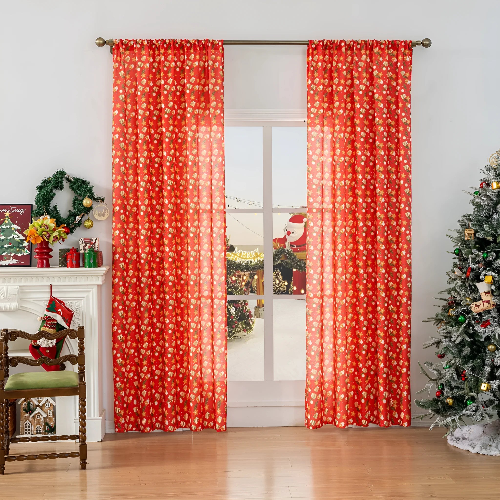 Christmas curtain with snowman and angel cartoon print in green, 1 metre length.