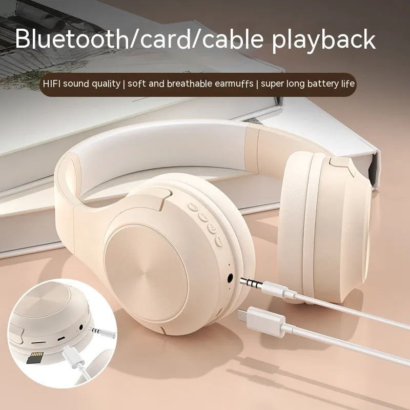 Wireless Bluetooth headset in ivory white, chalk black, or youth green colour, showing head-mounted design.