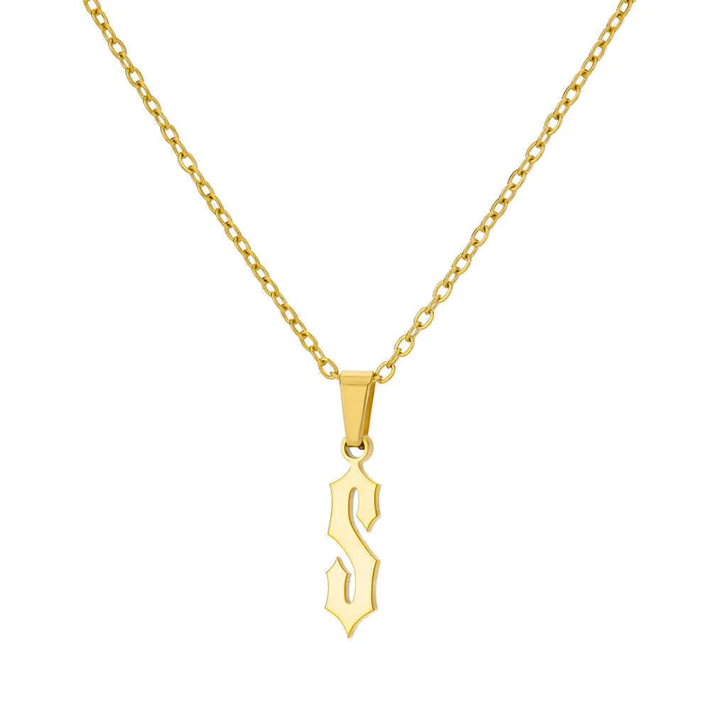 Gold stainless steel ancient English letter pendant necklace with O-ring chain on white background