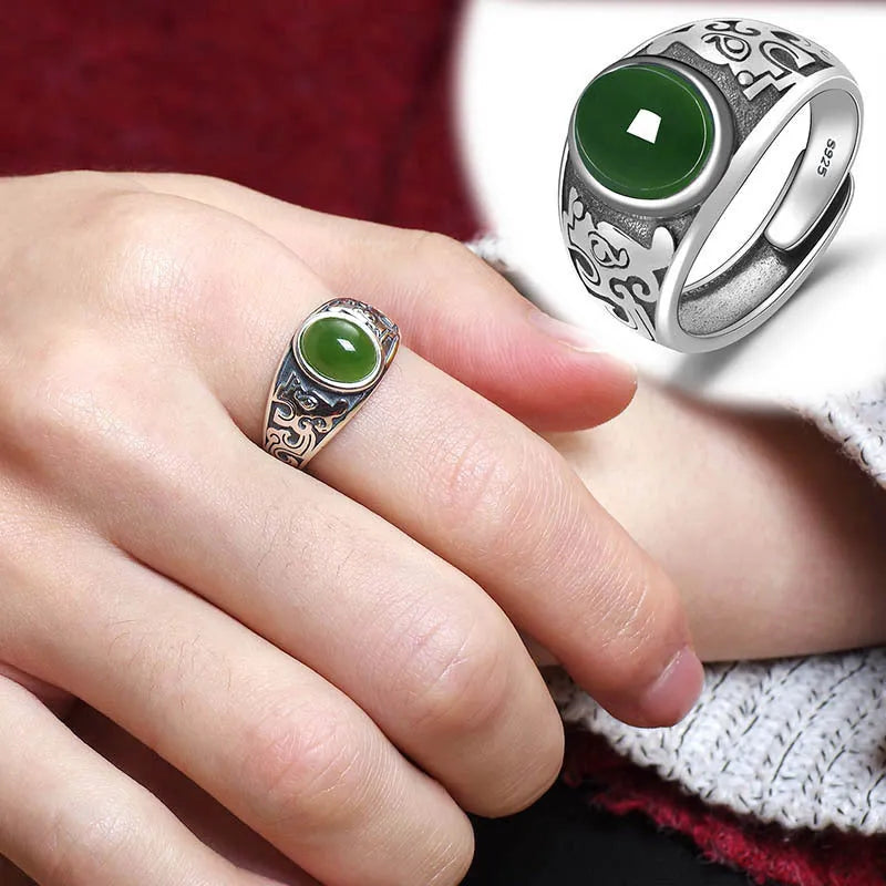 Men's imitation Hetian jade silver-plated retro-style green ring with adjustable opening and geometric shape