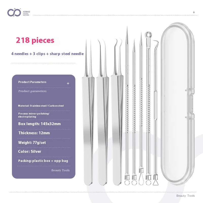 Four ultra-fine pointed metal acne needles for professional skin extraction, laid out on a surface.
