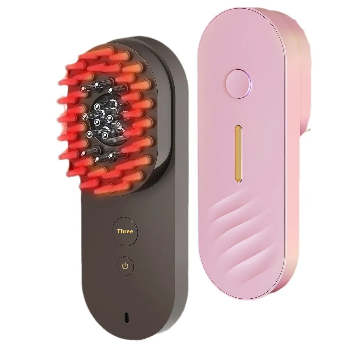 Compact pink smart massage comb with red light therapy for hair care
