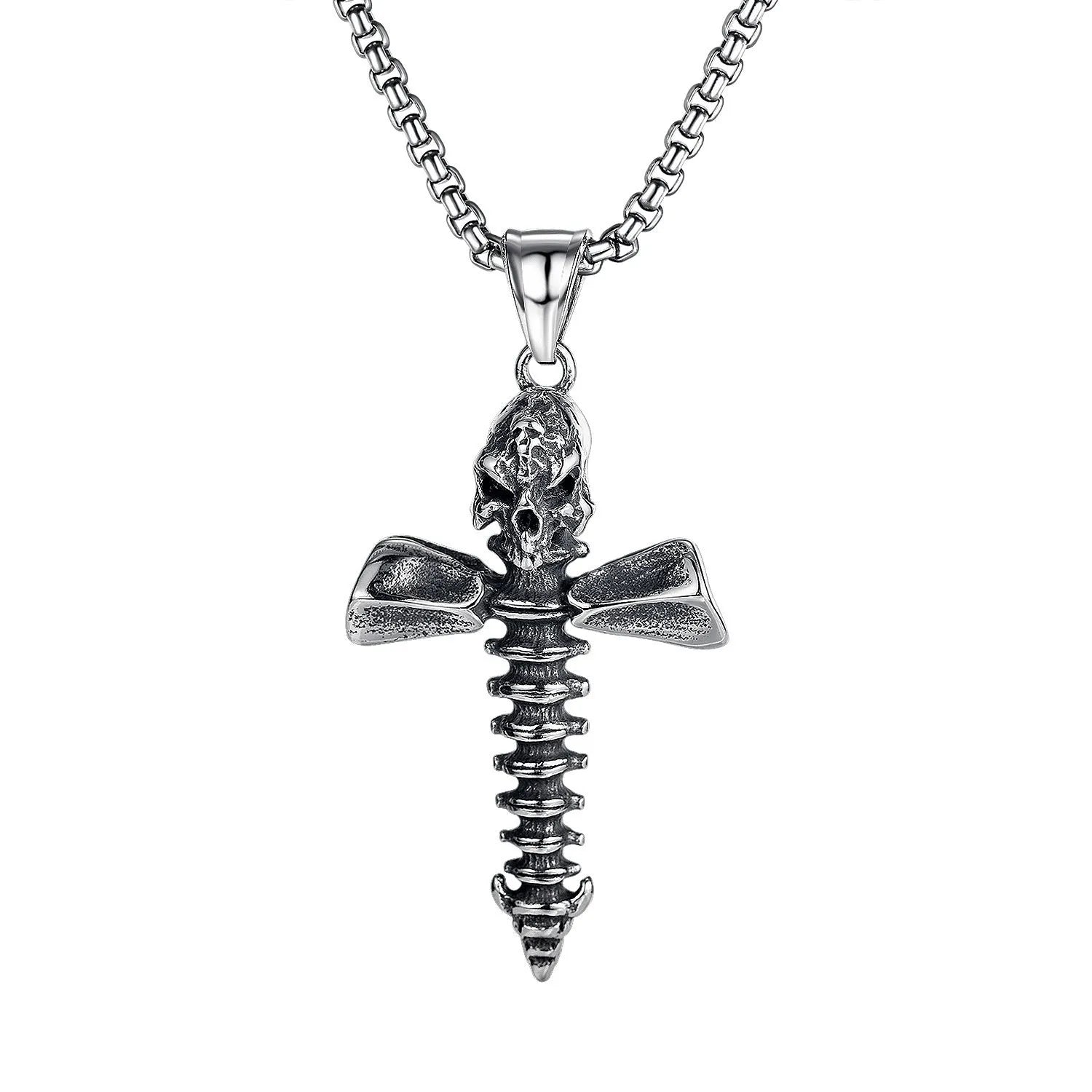 Men's silver stainless steel necklace with alloy skull pendant and matching chain