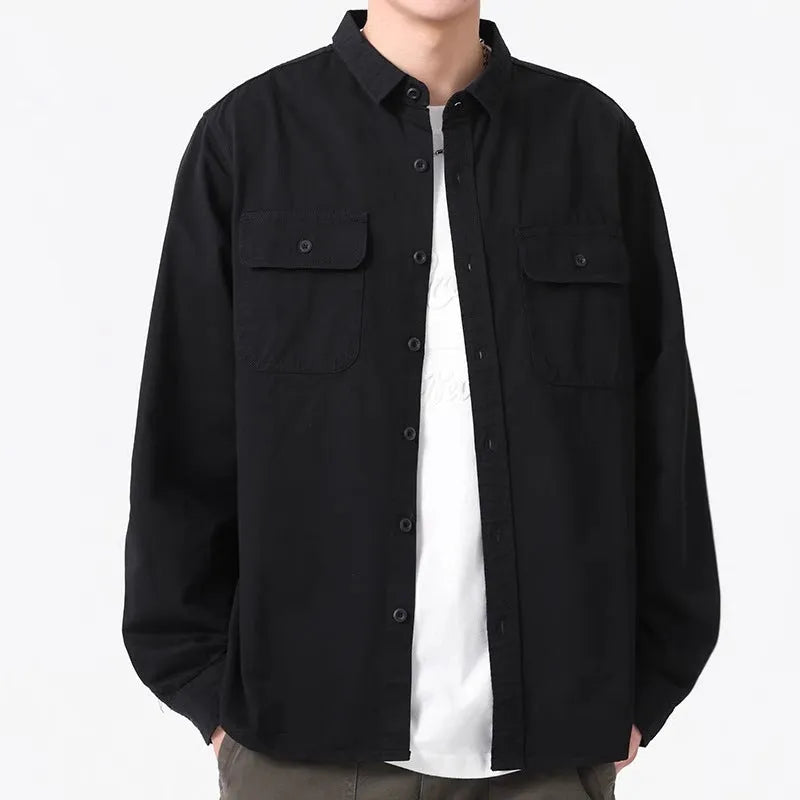 Men's light grey loose fit cardigan-style shirt with an overalls design and long sleeves.