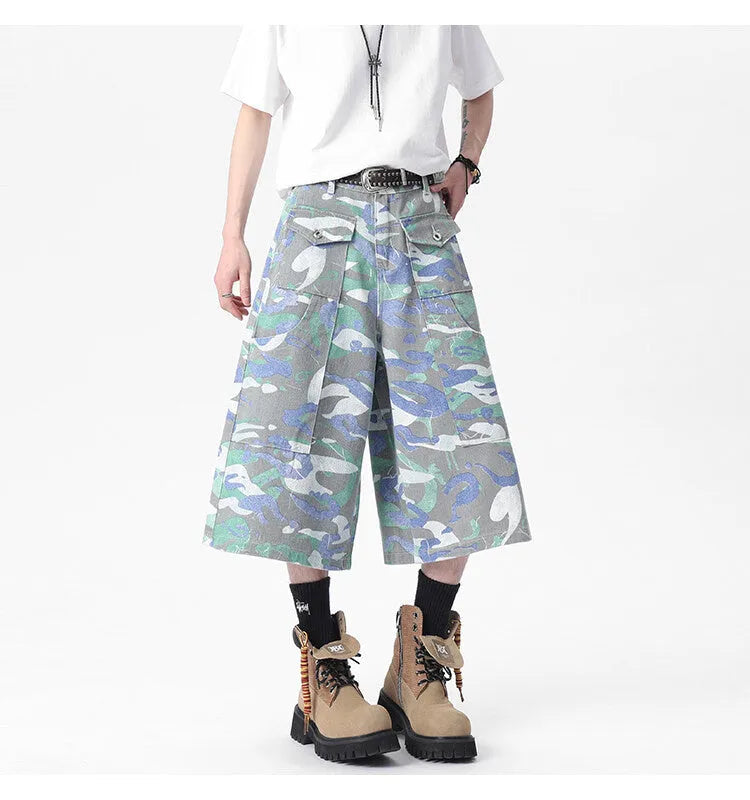 Camouflage colour cotton cropped work trousers with a straight leg and front pocket