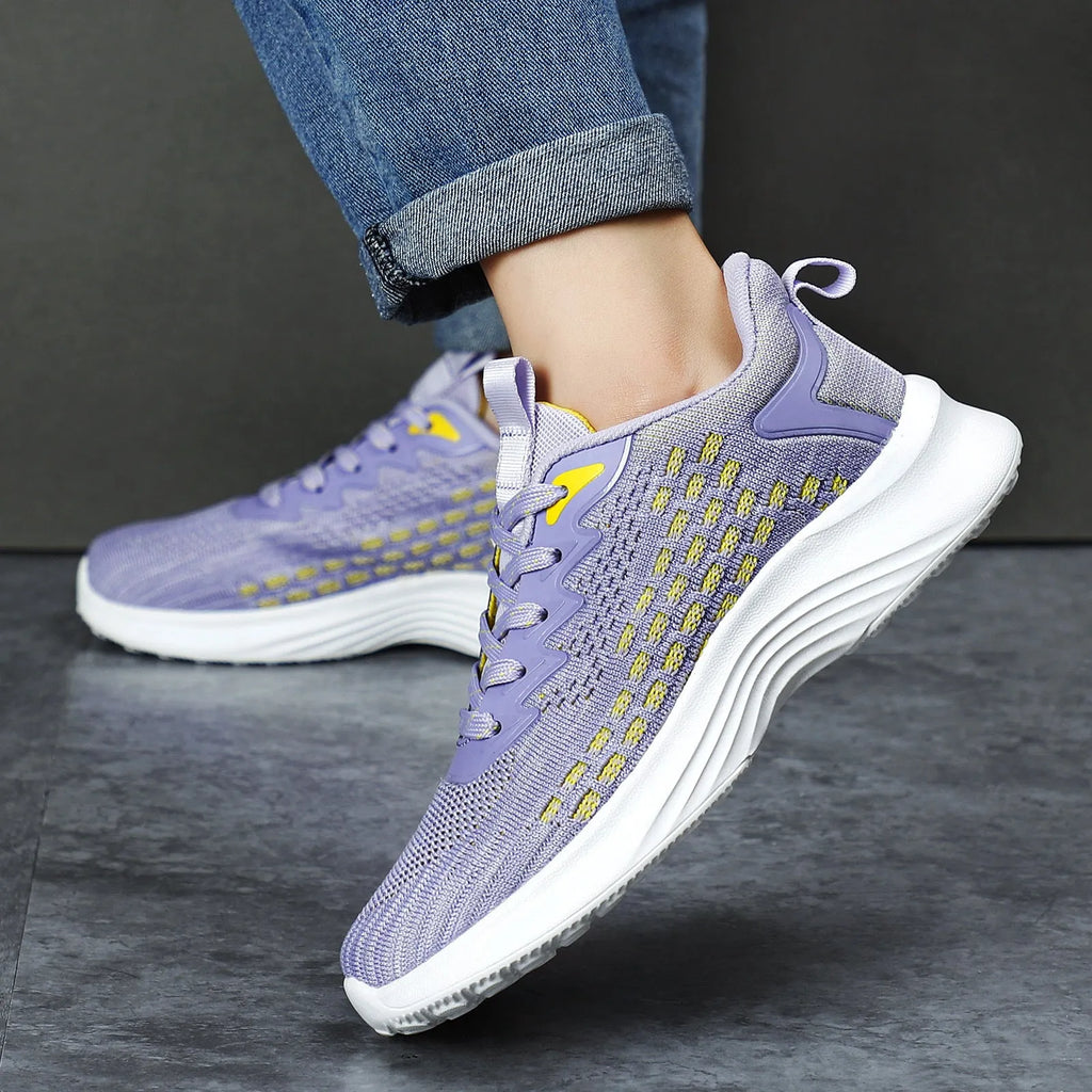 Women's lavender purple mesh running shoes with striped pattern and EVA sole for jogging