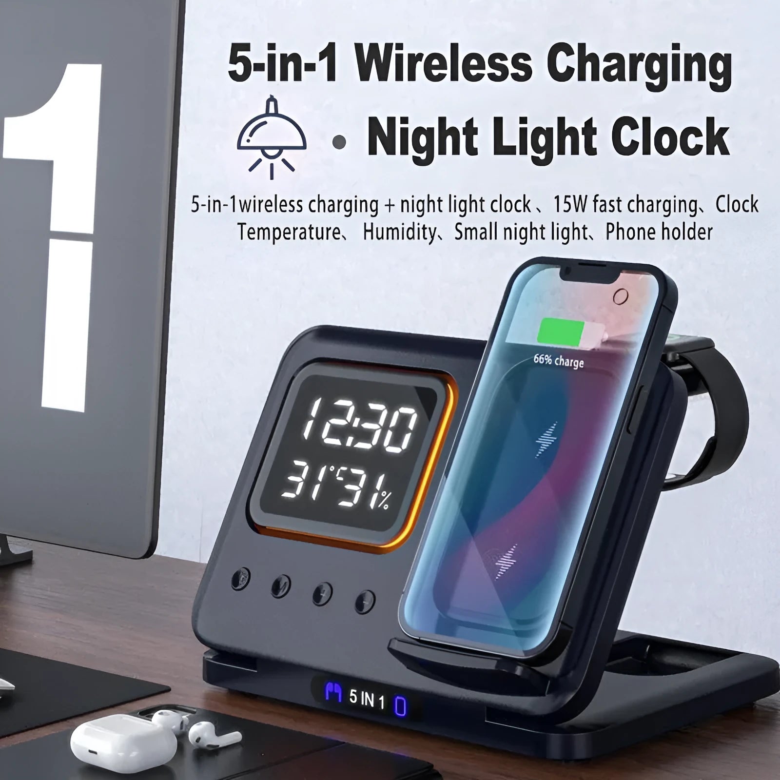 Black and white wireless charging station with LED digital display showing time temperature humidity
