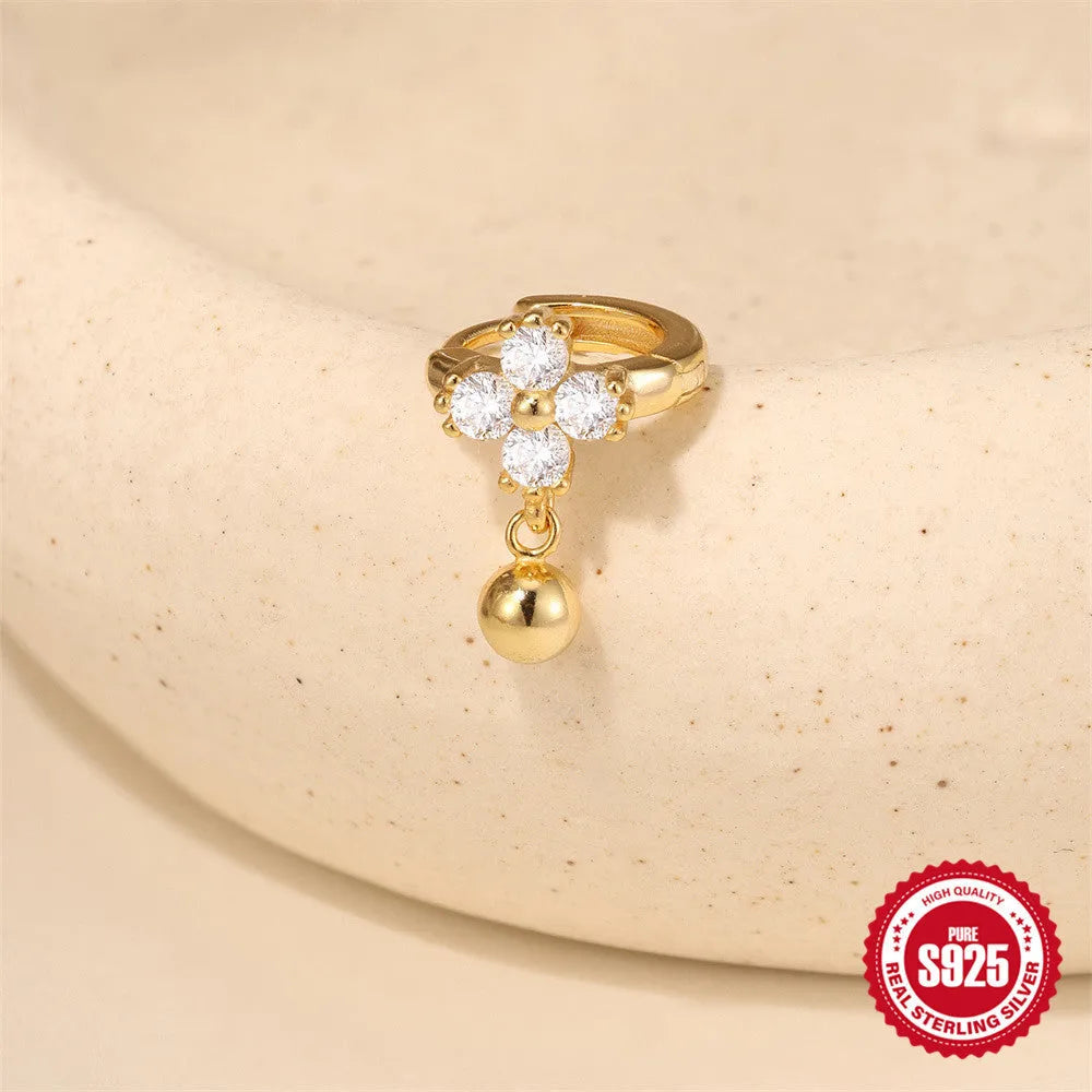Single gold S925 sterling silver clover flower geometry ear clip pierced earring