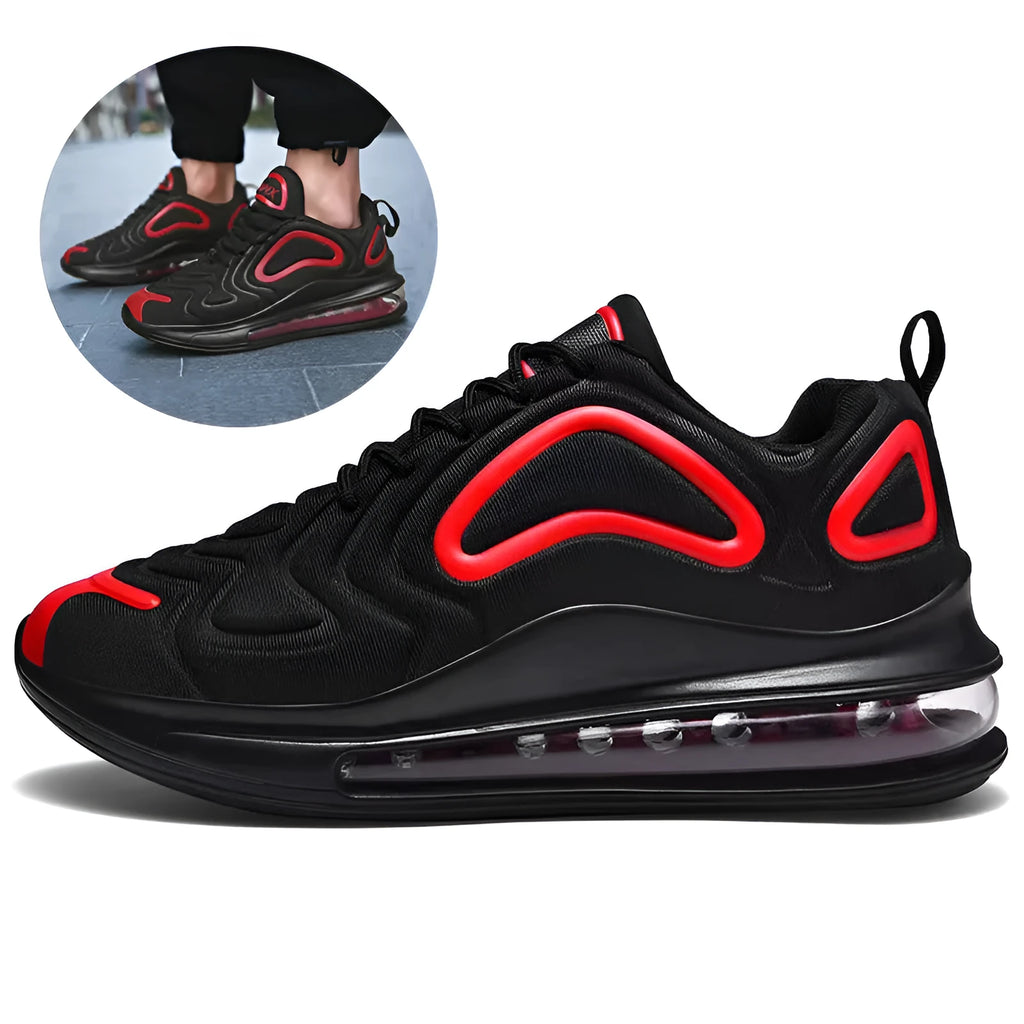 Men's black casual sneakers with air cushion technology and thick sole design