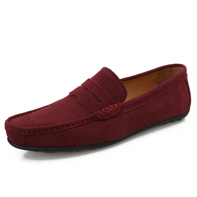 Men's suede leather loafers in solid colours with round toe and flat rubber sole