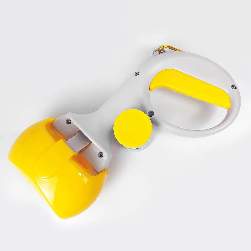 Heavy-duty ABS plastic pet pooper scooper with integrated trash bag holder in black, blue, red, or yellow.