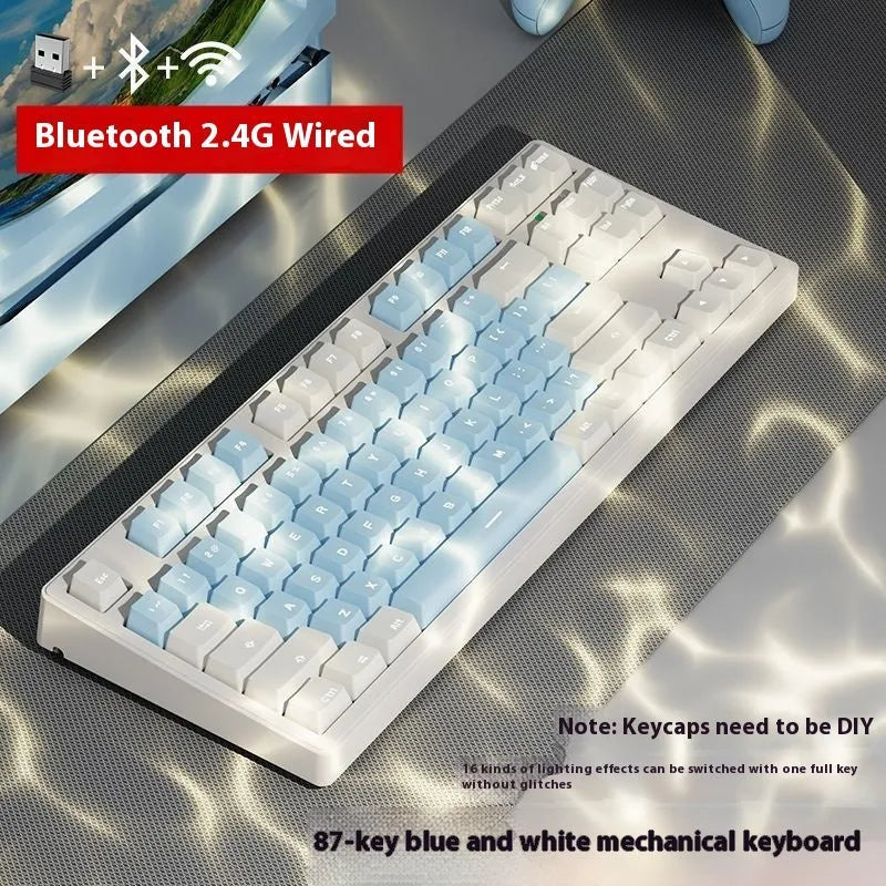 Wireless mechanical keyboard with three connection modes, shown in a choice of 87-key or 108-key layouts and various colour themes.
