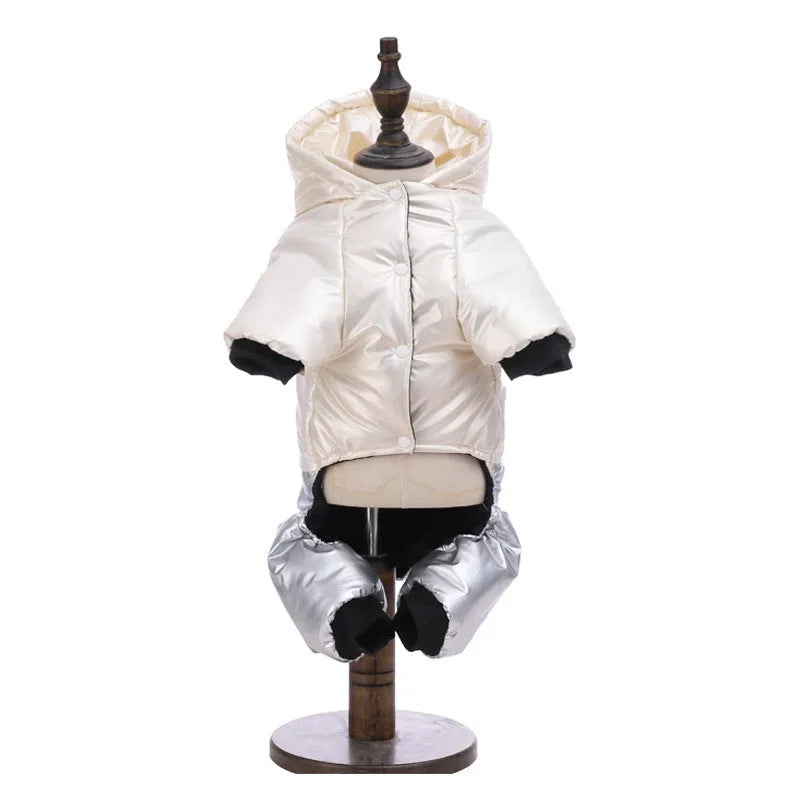 Green four-legged waterproof dog coat on a pet, showing full coverage and casual style.