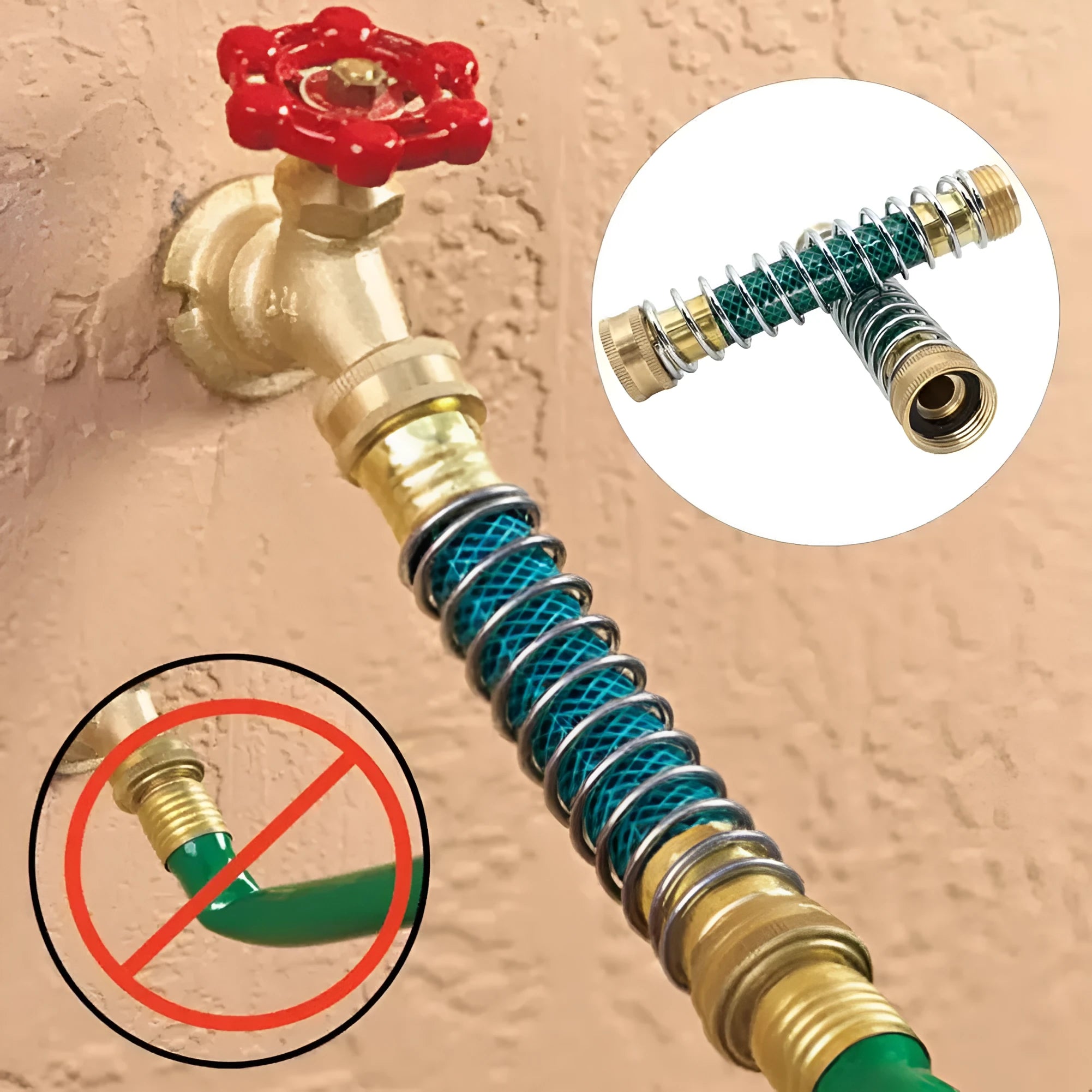 Close-up of a 15cm long brass garden hose spring connector with a visible internal spiral to prevent kinking.