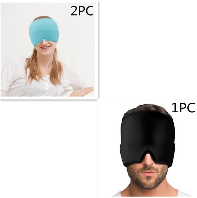 Black elastic cloth gel eye mask for headache relief measuring 22cm by 17cm