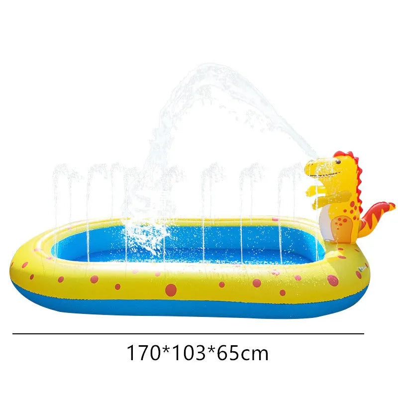 Blue dinosaur shark water spray pool measuring 170cm long with children playing