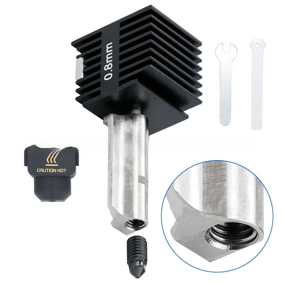 Bambu Lab A1 Mini 3D printer hot end assembly with black silicone sleeve and hardened steel nozzle.