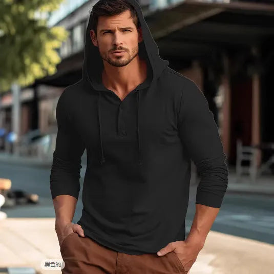 Men's cotton hooded sweatshirt in dark blue with pullover design and long sleeves