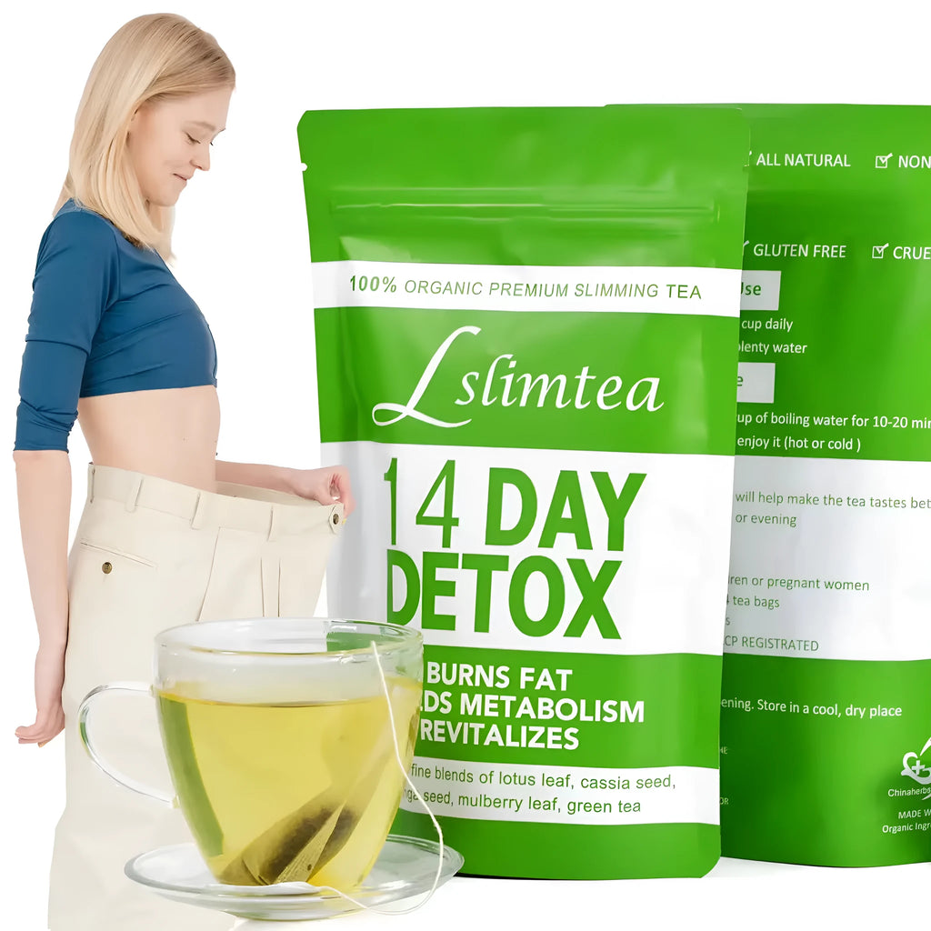 Box of 14-day herbal detox tea with 14 individual 3g sachets for weight loss.